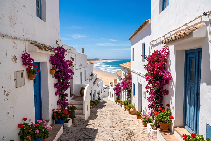 Calle empedrada entre casas encaladas con buganvillas, bajando hacia una playa atlántica en la costa de la provincia de Cádiz