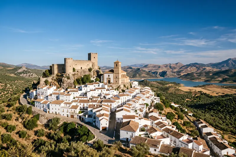 Pueblo blanco coronado por un castillo y una iglesia en lo alto del cerro, con olivar alrededor