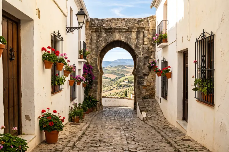 Callejón empedrado entre casas encaladas con un arco de piedra abierto al campo, típico de los pueblos blancos de la provincia de Cádiz