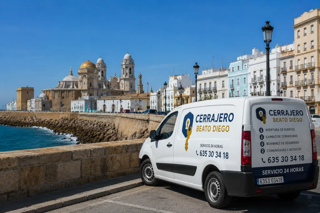 Furgoneta rotulada de Cerrajero Beato Diego en el paseo marítimo de Cádiz, con la catedral al fondo